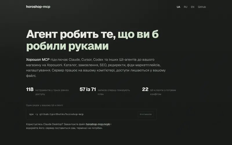 Сторінка проєкту Хорошоп MCP: ШІ-агент працює з магазином на Хорошопі, сервер запускається на вашому комп'ютері