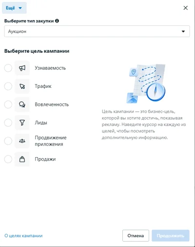 Meta Ads Manager: выбор цели кампании с шестью вариантами от узнаваемости до продаж